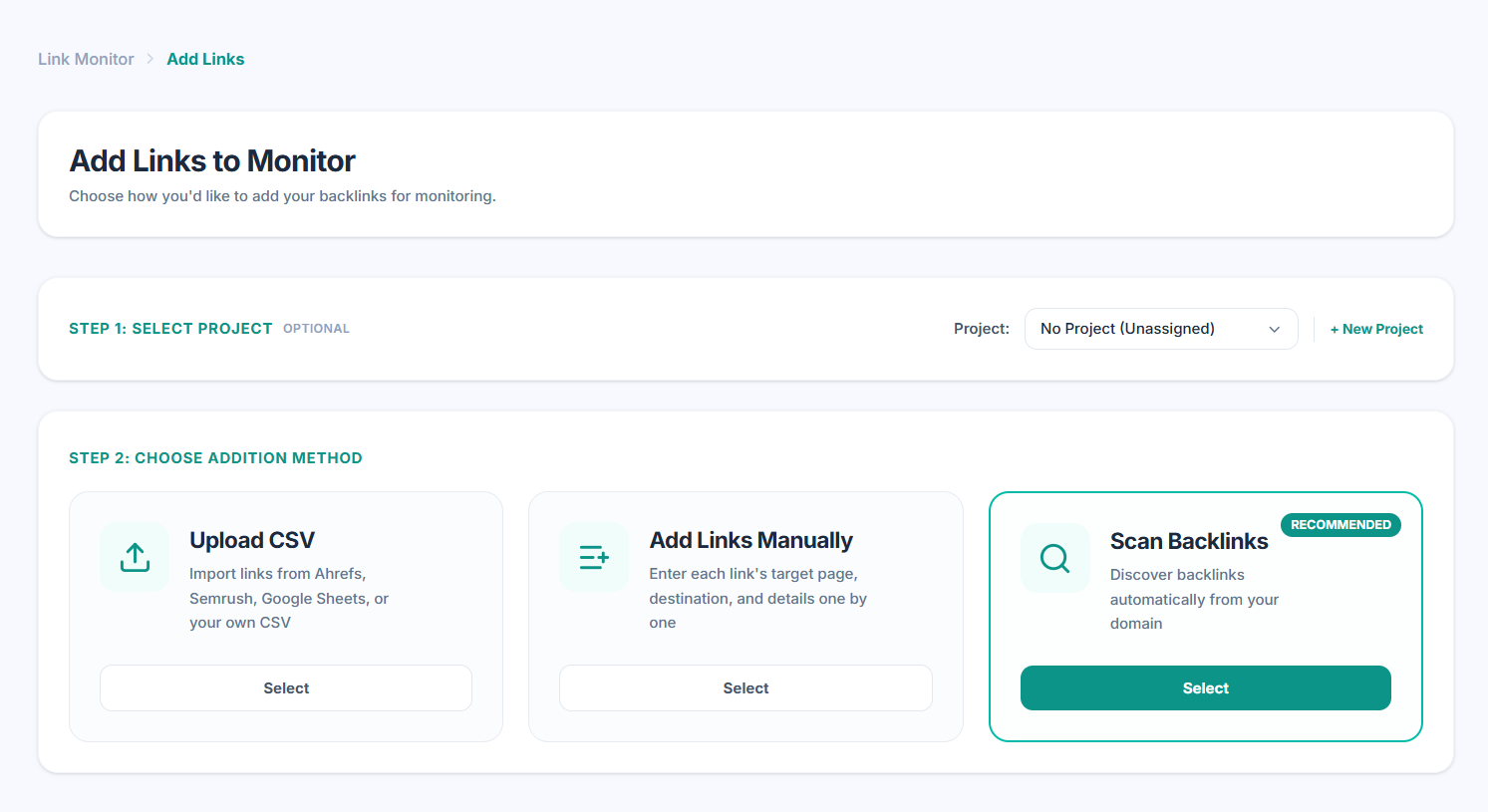 Link Monitor portfolio dashboard with import and monitoring overview